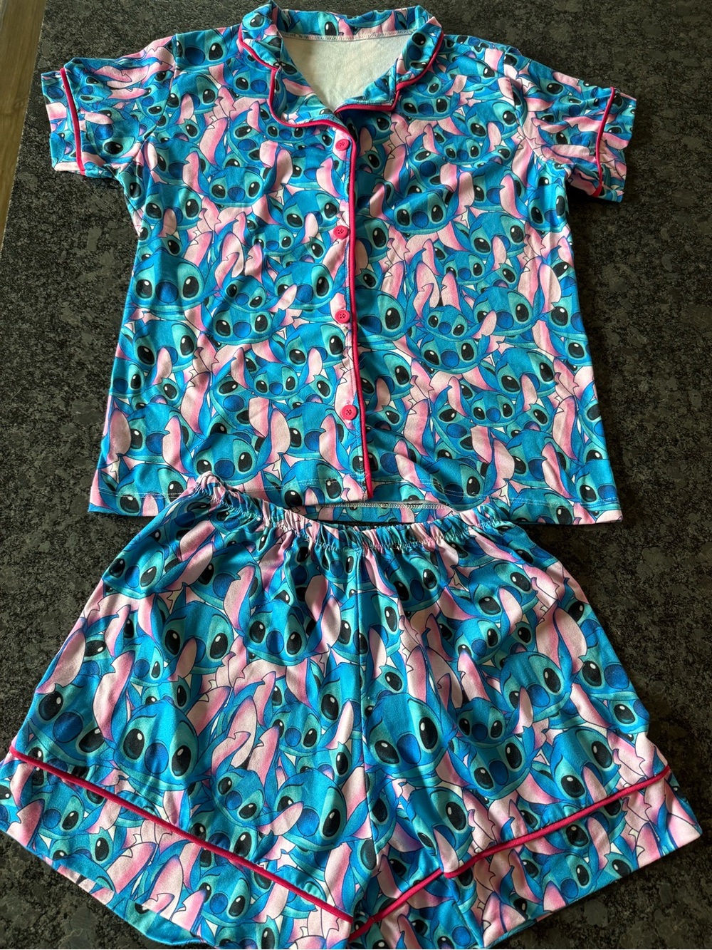 Women’s Blue & Pink Alien Character Short Pajama Set - Short Sleeve Top & Shorts
